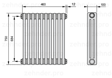 Схема (чертеж) Радиатор Zehnder Charleston 3075/10 №1270 Белый глянцевый RAL 9016